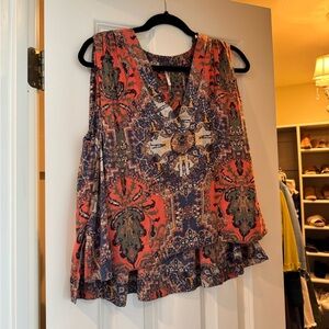 Free People Sleeveless Printed V-Neck Peplum Top - Coral Multi